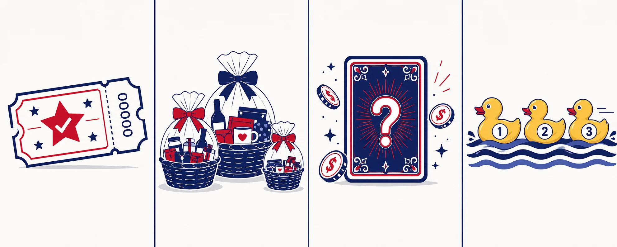 Four raffle formats illustrated: traditional raffle, basket raffle, Queen of Hearts, and duck race