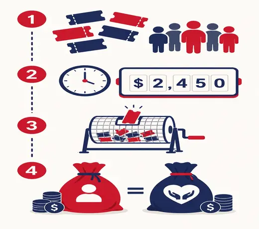 4-step diagram showing how a 50/50 raffle works: sell tickets, close sales, draw the winner, split the pot