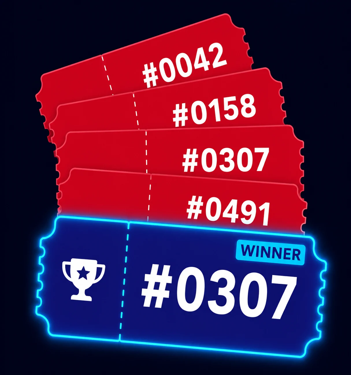 Illustration comparing duplicate paper raffle tickets causing confusion versus a clean digital ticketing system with unique sequential numbers