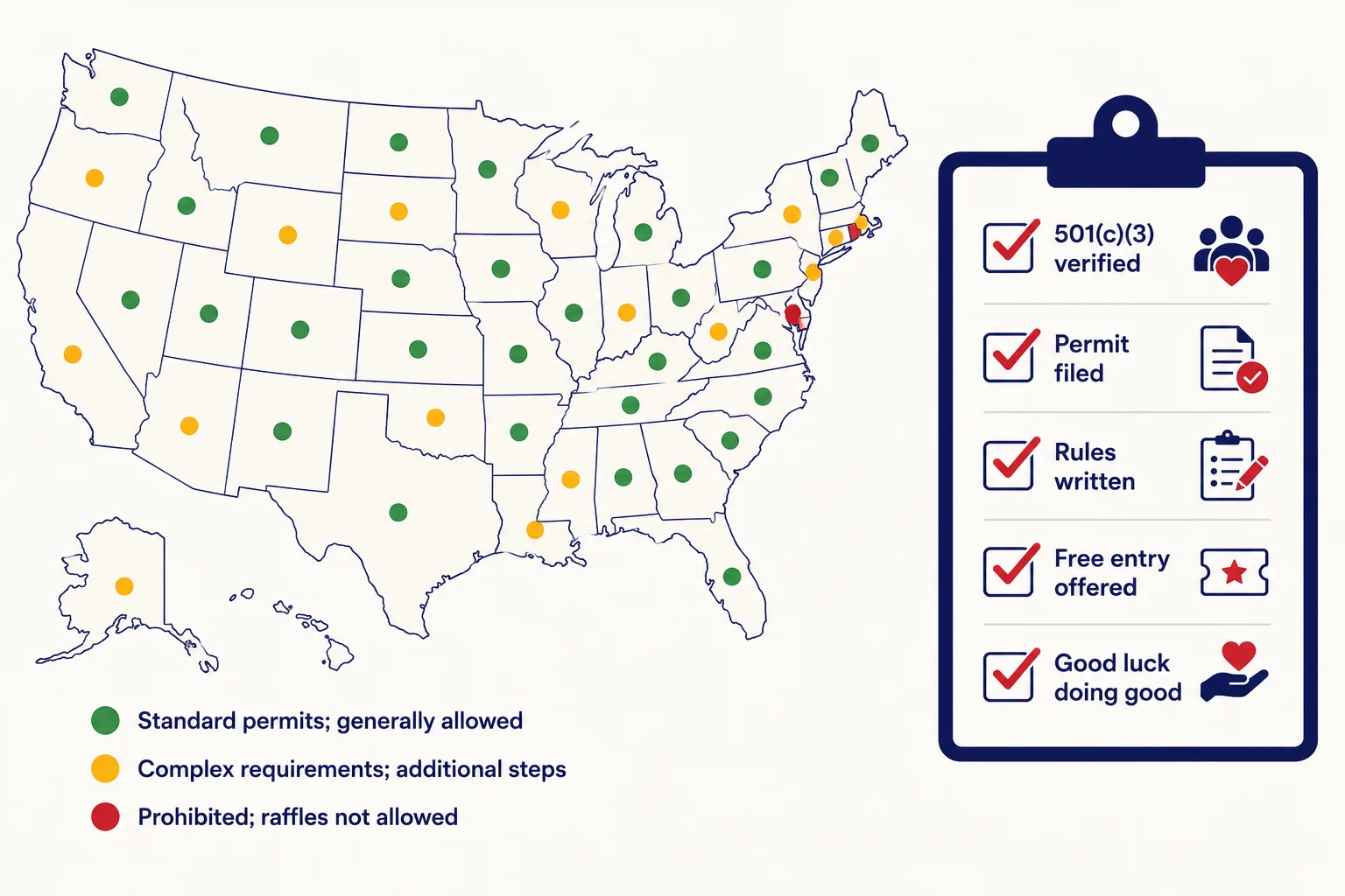 US map with color-coded states showing raffle permit requirements, alongside a pre-launch legal compliance checklist for nonprofit raffles