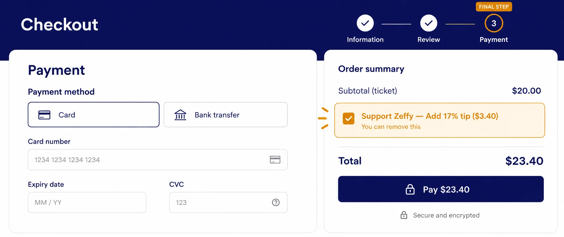 Illustration of a checkout screen showing a pre-checked tip prompt appearing at the final payment step, adding 17% to the donor's total